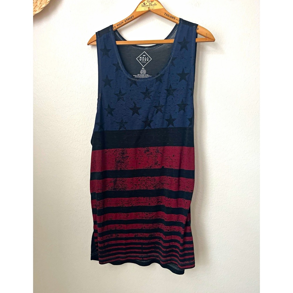 Well Worn Men's XL Sleeveless Tank T-Shirt Blue Red Black Stars USA Flag patriot